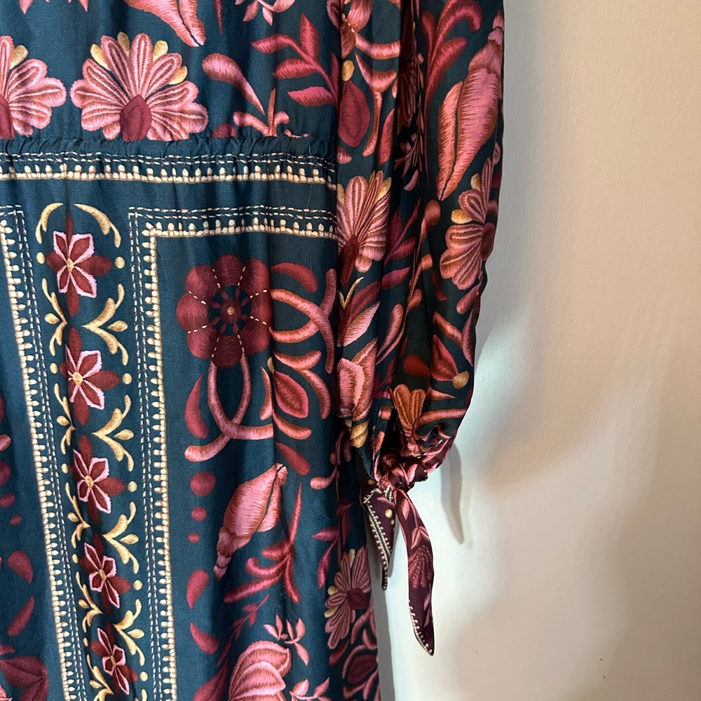 FARM Rio Teal Maxi Dress with Pink Floral Print 3/4 length Sleeve Boho Size S - Picture 5 of 12